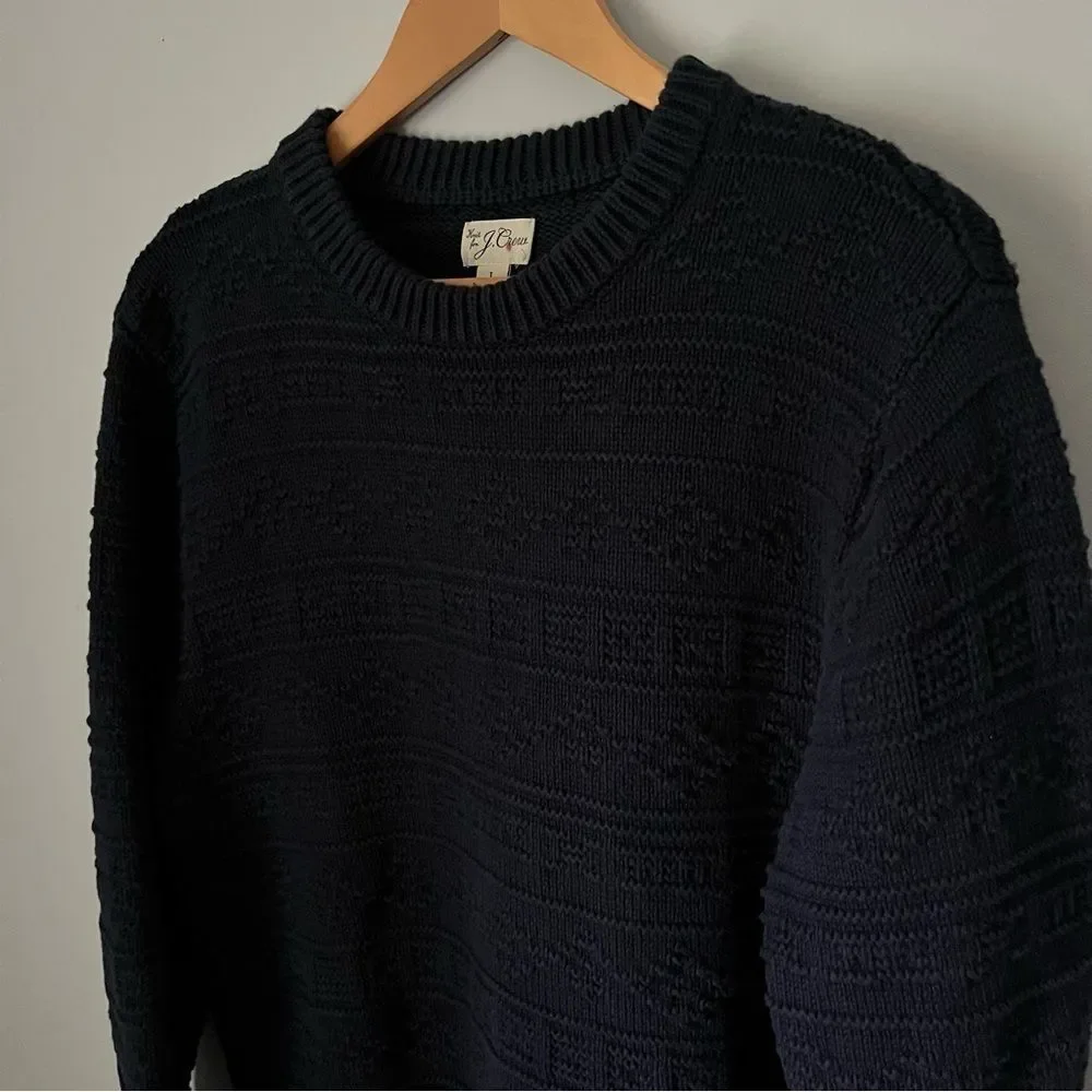 J. Crew Guernsey Combination Stitch Navy Blue Knit Crewneck Sweater Size Large